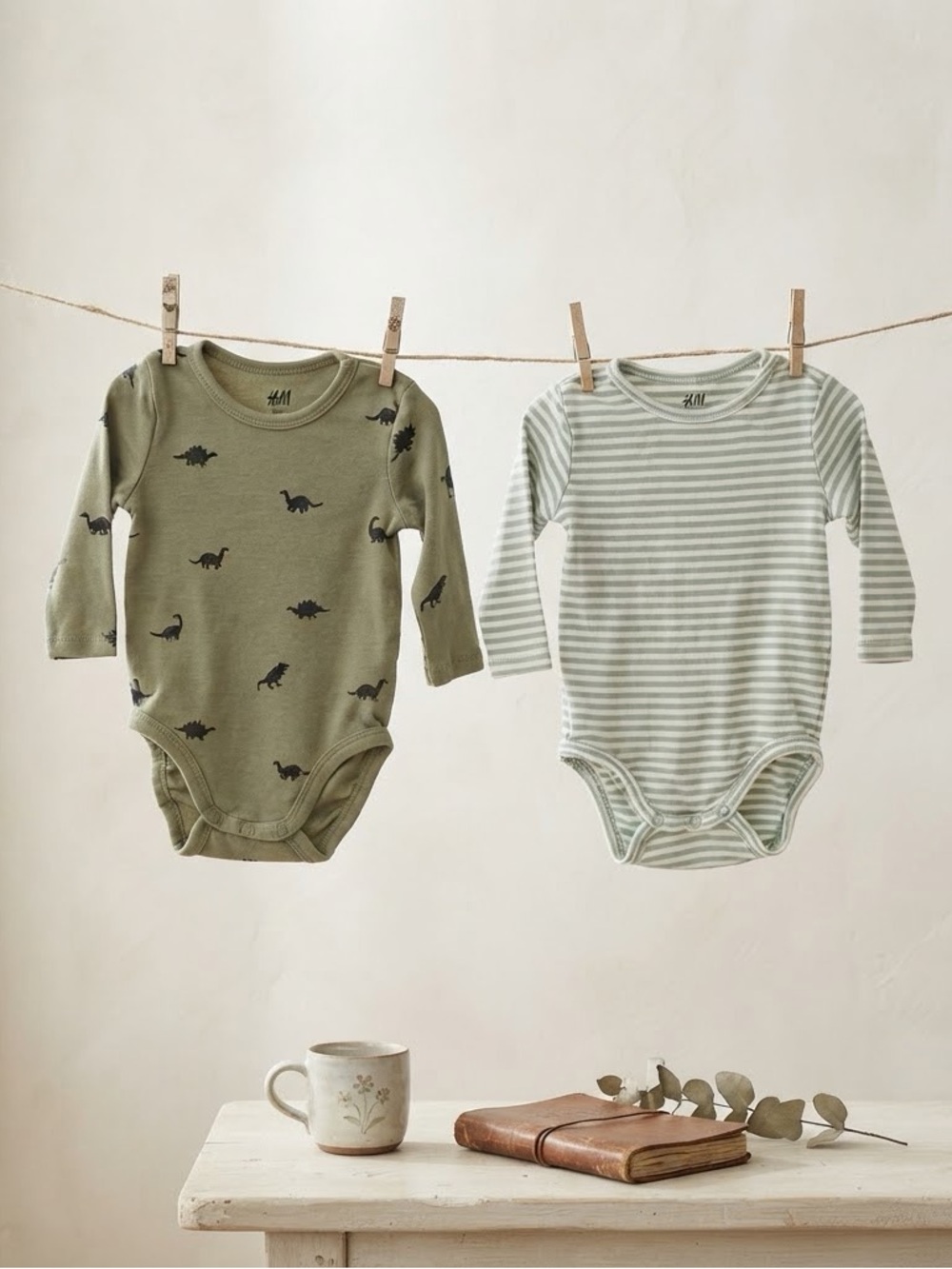 H&M Organic Cotton Dino & Stripe Long Sleeve Bodysuit Bundle
